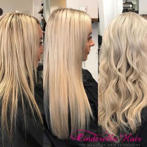 Image of Cinderella Hair Extensions Before & After. Keratin Bond, Pre-Bonded Cinderella Hair Extensions